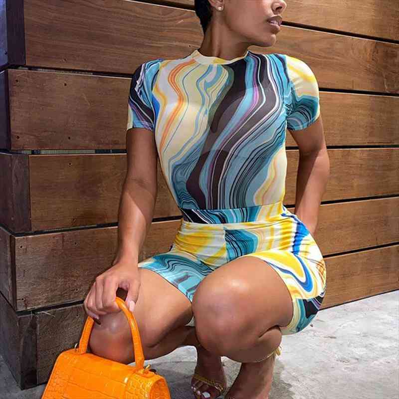 

Mesh See-through Bodysuit Leggings Shorts Two Pieces Sets Printed Women Sexy Stretch Slim Short Sleeve Soft Rompers Summer, Gray