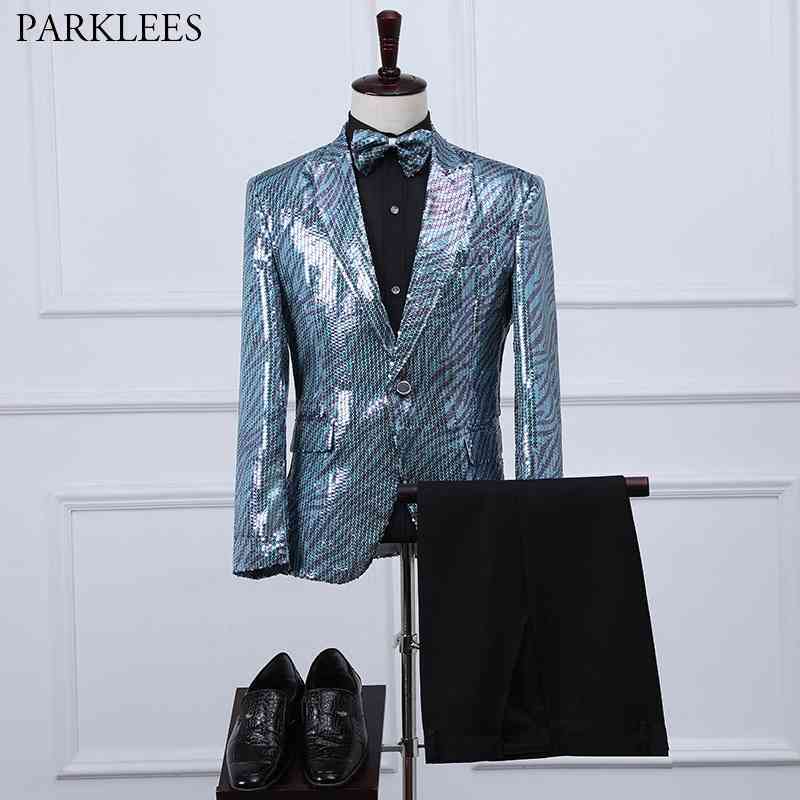 

Fashion Shiny Sequin Men Wedding Suit Groom Man Suit Set Nightclub Party Stage Costume Dance Mens Suits 3 Piece Tuxedo 210524, Pink
