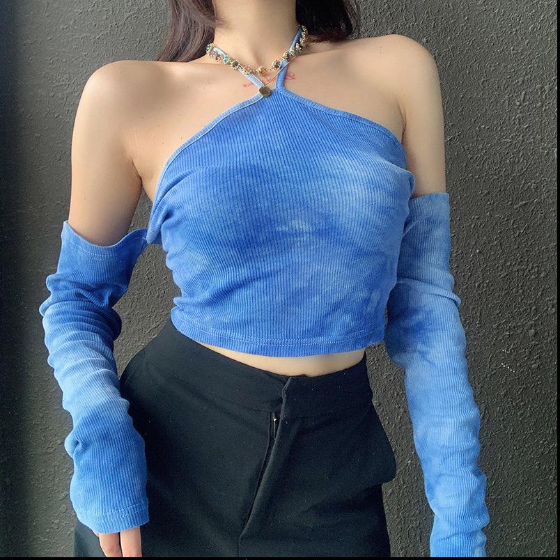 

fashion tie dye long sleeve womens camis off shoulder umbilical exposure autumn short clothes, White