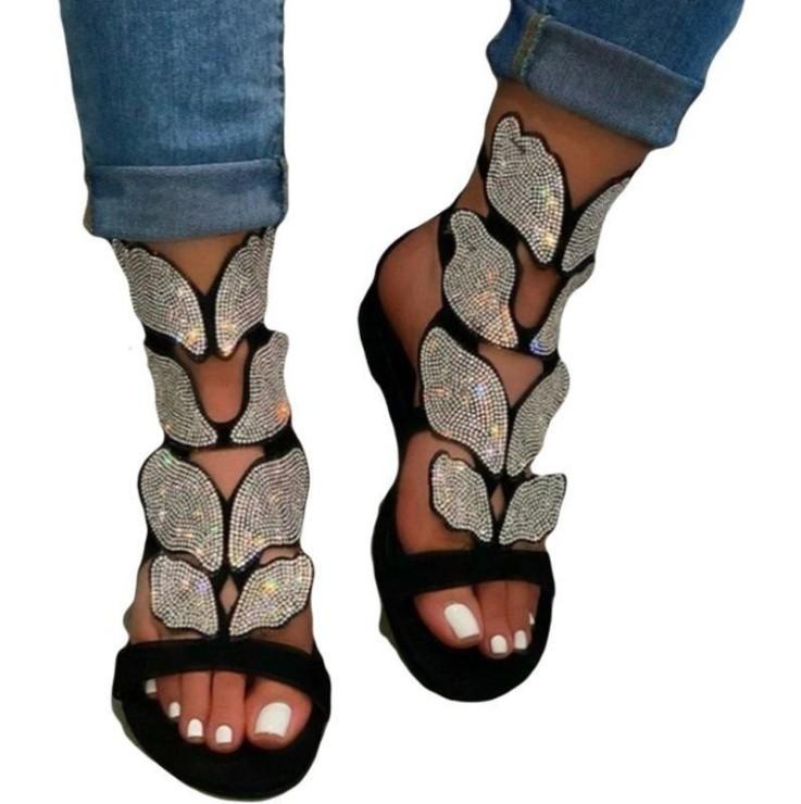 

Summer Diamond Water Shiny Flat Sandals Large Heel Women's Shoes 43, Black