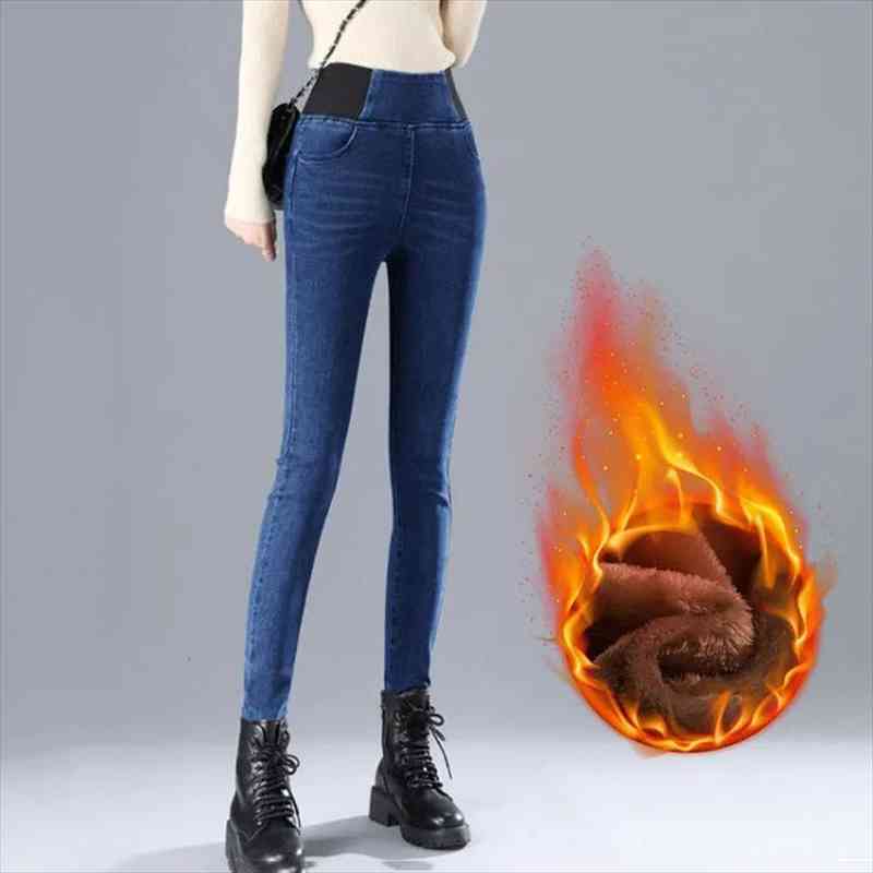 

thicken stretch high waist denim womens jean pants oversize korean fashion slim winter blue hip lift skinny pencil