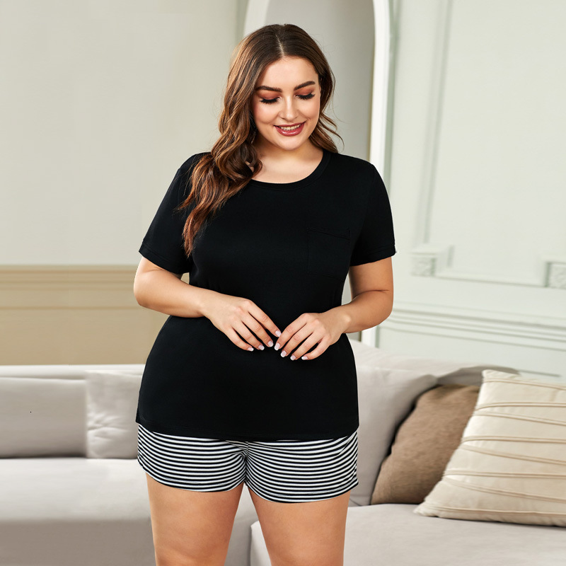 

summer shiying pajamas stripe contrast home wear women's fat mm large pants suit, Black;red