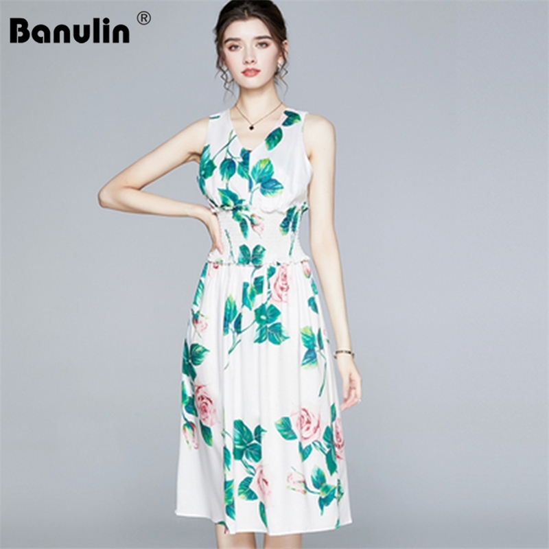 

Banulin Summer Fashion Runway Floral Elastic Waist Tank Dresses Women's V-Neck Print Holiday Elegant Beach Dress 210603, Green