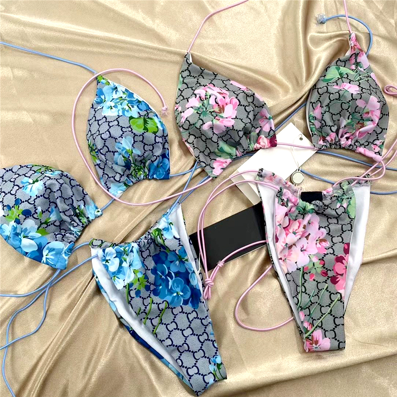 

Sexy Women Bikini Set Floral Letter Printed Swimwear Summer Designer Ladies Swimsuit Two Pieces Suit, 17#blue