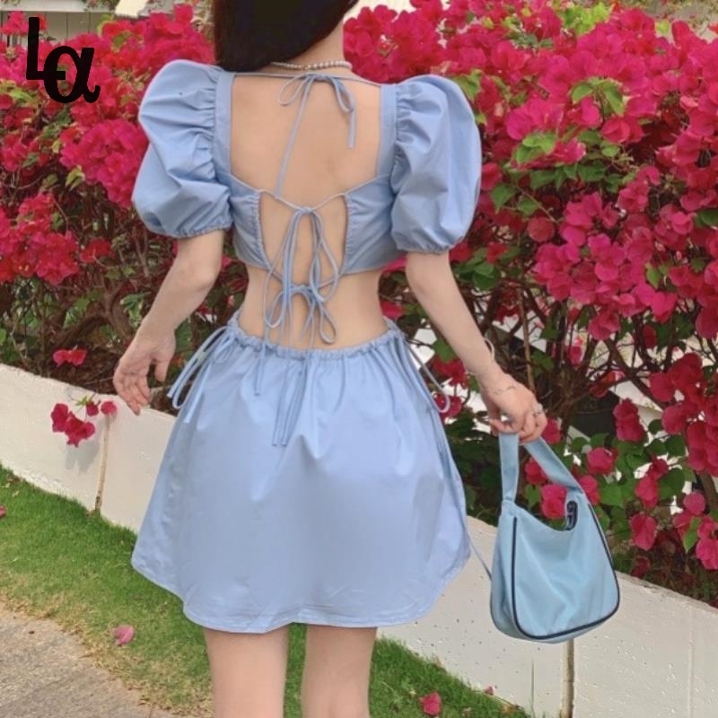 

Blue Vintage Summer Dress Women Elegant Kawaii Backless Sexy Mini Casual Puff Sleeve Party Short 210519, Blue dress