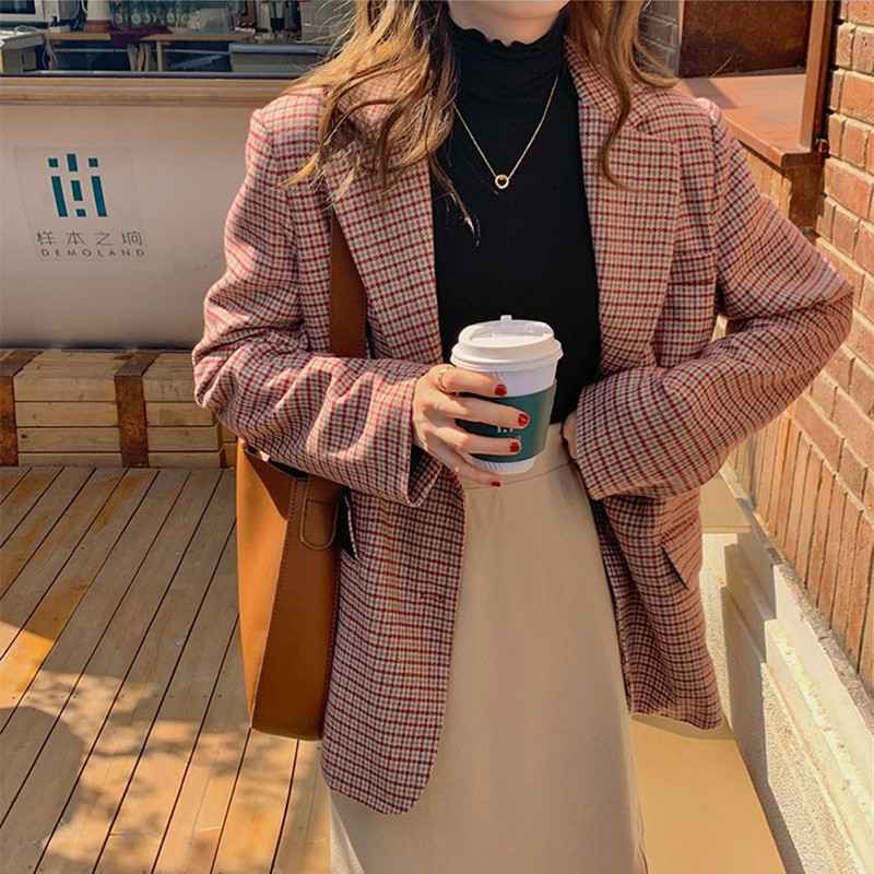 

2 colors Autumn 2021 korean style swallow gird long sleeve wool blazer womens jacket and coats casual blazer womens (X1662), Black;brown