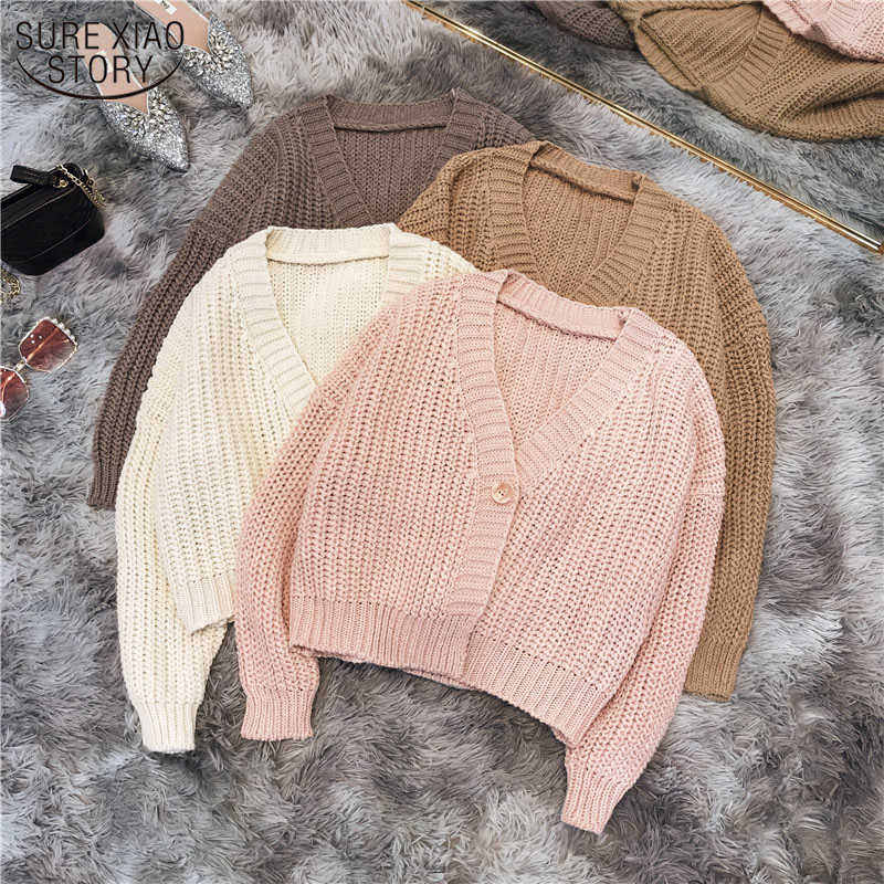 

Spring Solid Color One Buckle Women's Cardigan Chic Tops Coarse Wool Short Sweater Long Sleeve Thicken Female Cardigan 210527, Khaki