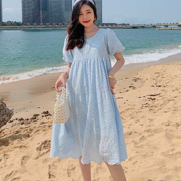 

Fashion Ladies Hollow Out Embroidery Cotton Dress Summer Elegant Women Puff Sleeve Causal Boho Midi Party Robe 210526, Sky blue