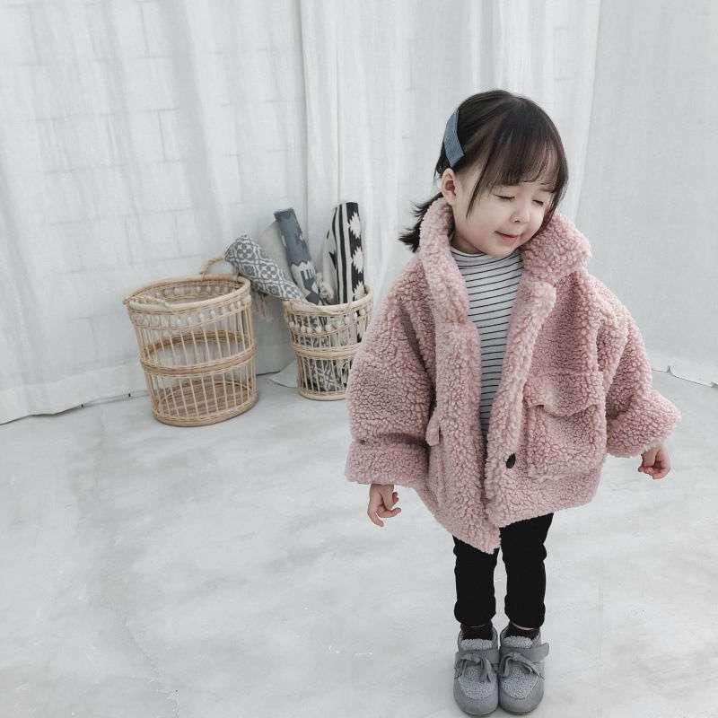 

Jackets Girls Autumn Winter Coat Cotton Padded 2021 Children's Korean Style Solid Color Turn-Down Collar Lamb Wool, Beige