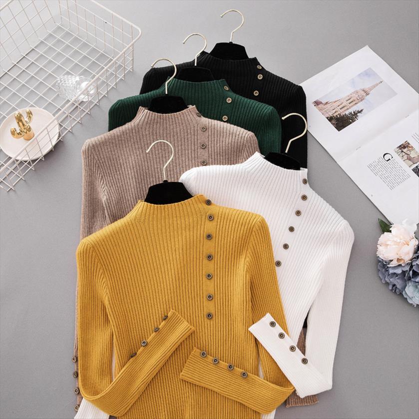 

ins autumn fashion button women sweater turtleneck shirts solid knitted pullover ldies slim soft jumper female knit, White;black