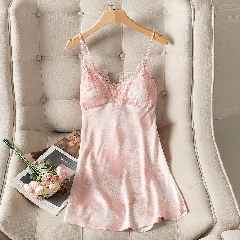 

Women's Sleepwear Summer Print Women Sling Nightdress Sexy Black Lace Sleepshirts Rayon Short Skirt Lingerie Nightgown Lady Home Dressing, Pink