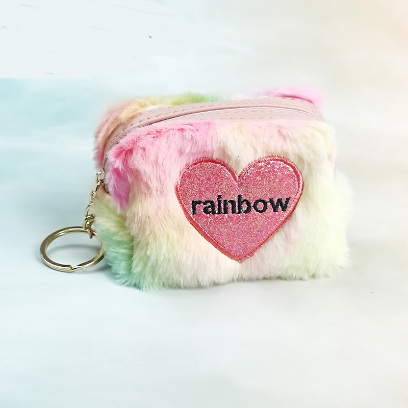 

3pcs Coin Purses Women Plush Rainbow Embroidery Half Square Small Wallets, Pink