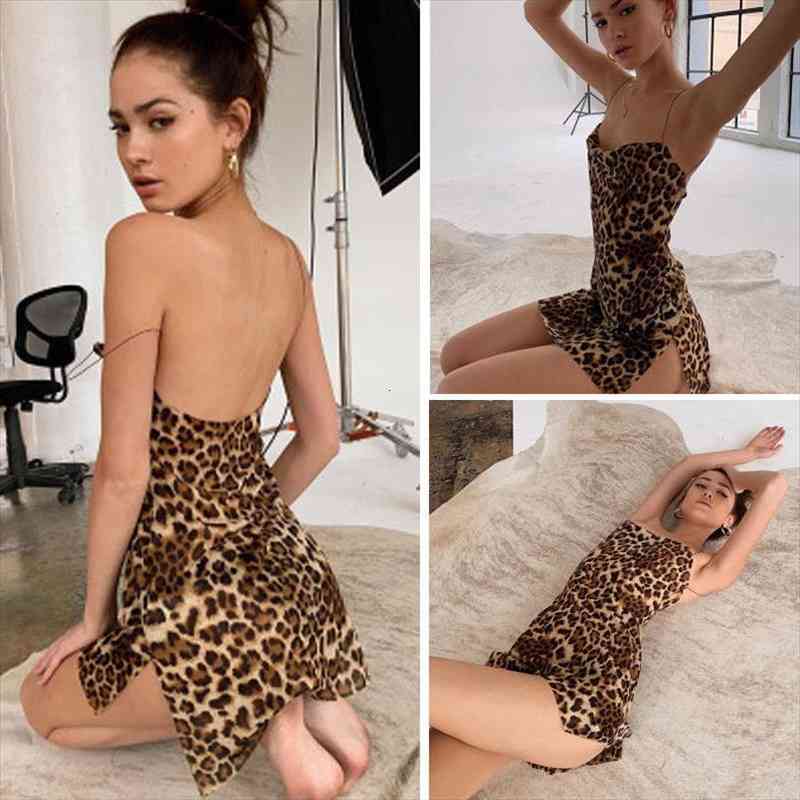 

Women Fashion Leopard Print Slip Dress Summer Holiday Beach Bodycon Party Strappy Backless Mini Dresses Sundress, Black;gray