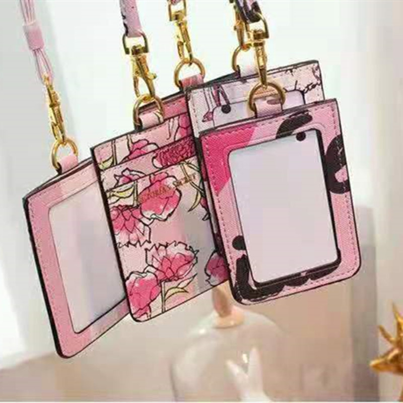 

Ladies Bus Card Set ID Work Card Holder Pink Striped flowers Pattern Pu Leather Wallet Key Bag Fashion Documents Package Clip With Lanyard