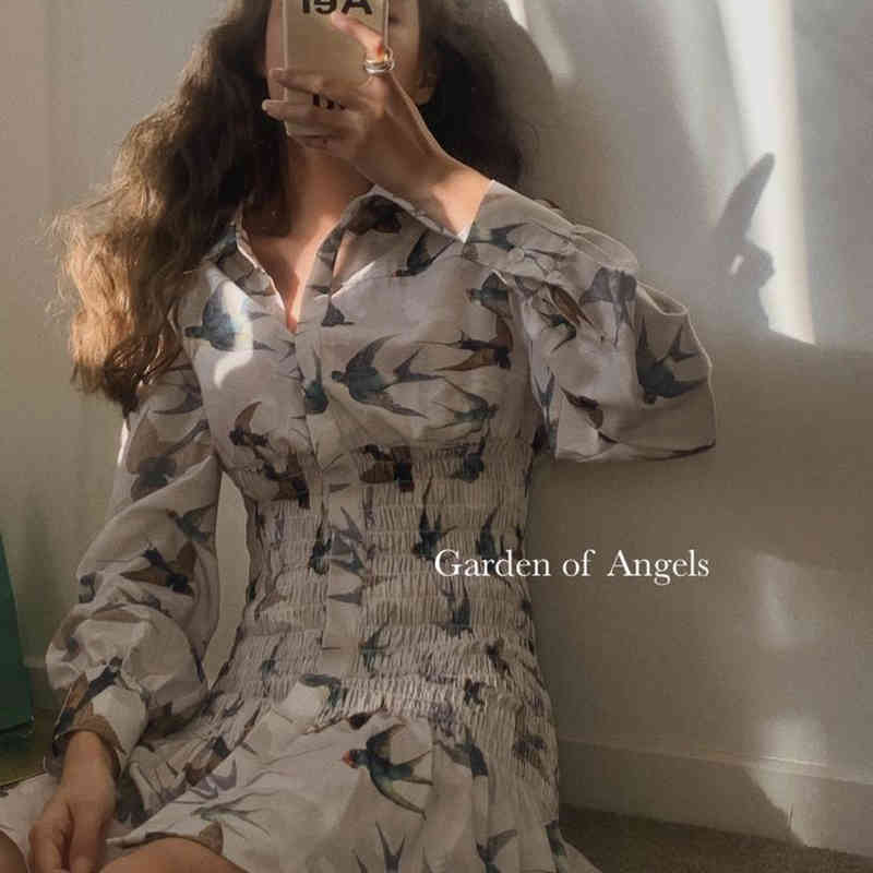 

Women Spring Turn Down Collar Lantern Sleeve Elegant Dress Female High Waist Print Short Ladys Korean Vestidos 210517, As picture