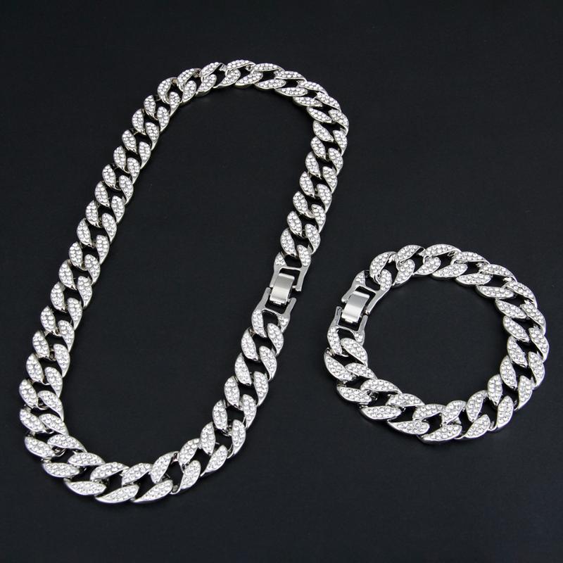 

Hip Hop Necklaces Iced Out Crystal Rhinestone Cuban Link Necklace Mens Gold Silver Color Punk Bracelet Set For Women Chains