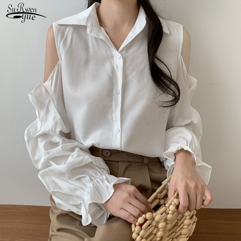 

Autumn Casual Long Sleeve Women Shirt Off-Shoulder Puff Sexy Office Lady Cardigan Blouses Blusas 10569 210521, Black