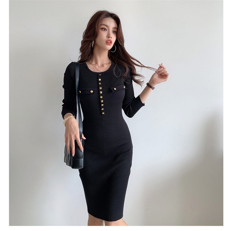 

buttoned autumn and winter knitted bag hip sexy dress Office Lady knitting Cotton Sheath Knee-Length 210603, Black