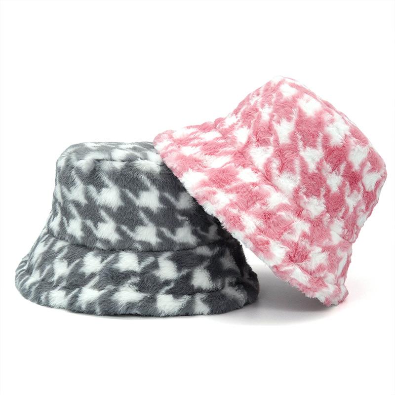 

Wide Brim Hats Luxury Winter Outdoor Fluffy Fisherman Hat Women Houndstooth Panama Thickened Plaid Warm Fishing Cap Faux Fur Bucket, Blue;gray