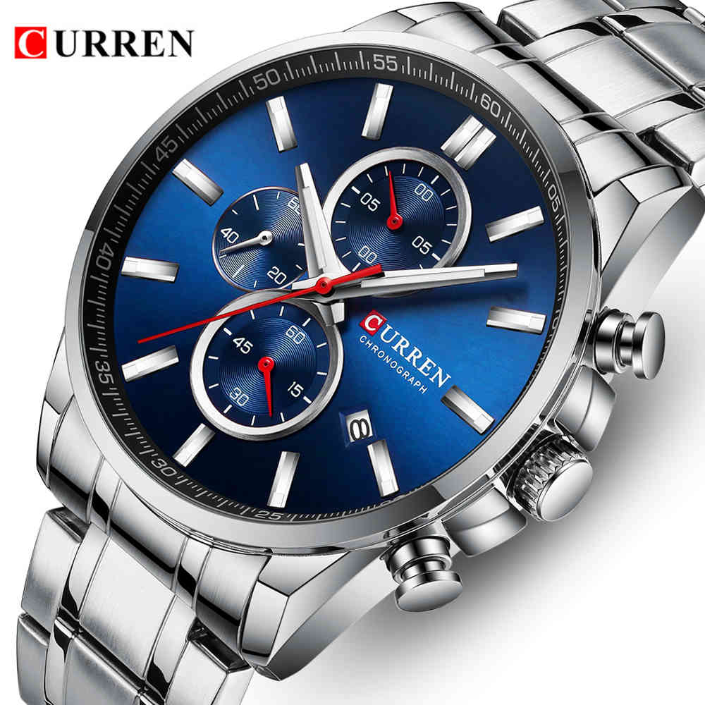 

CURREN Mens Watches with Date Chronograph Top Brand Big Sport Quartz Watch Men Blue Full Steel Male Clock Relogio Masculino 210517, Silver blue