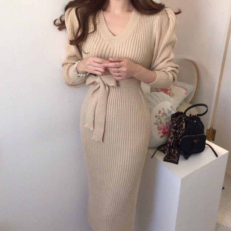 

Korea Elegant Sexy V-Neck Puff Sleeve Knitted Long Dress Women Autumn Winter Slim Belted Female Sweater Vestidos 210518, Photo color