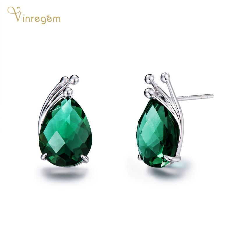 

Stud Vinregem 100% 925 Sterling Silver Water Drop Emerald Gemstone Wedding Party Personality Ear Studs Earrings Fine Jewelry Gifts, Golden;silver