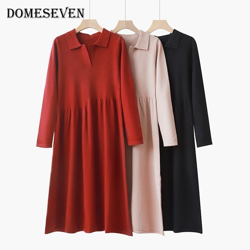 

Turn-down Collar Autumn Winter Sweater Long Dress Elegant Knit Straight Women Loose Chic Button Casual Vestidos Dresses, Black;gray