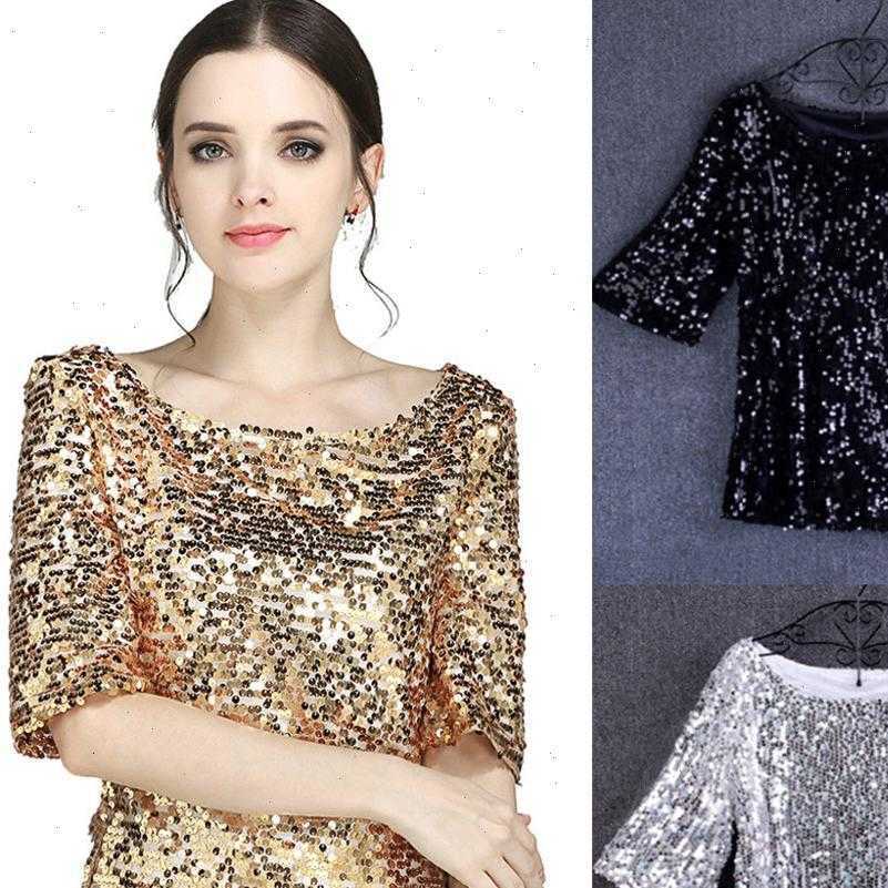 

party blouse womens shirts gold sliver sequins clubwear short sleeved blouses lady loose tee female, White