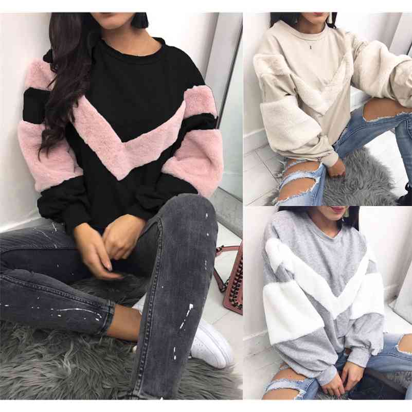 

Warm Women Plush Sweatshirt Stitching Long Sleeve Patchwork Pullover Tops Sweatshirt Jumper 210518, Khaki