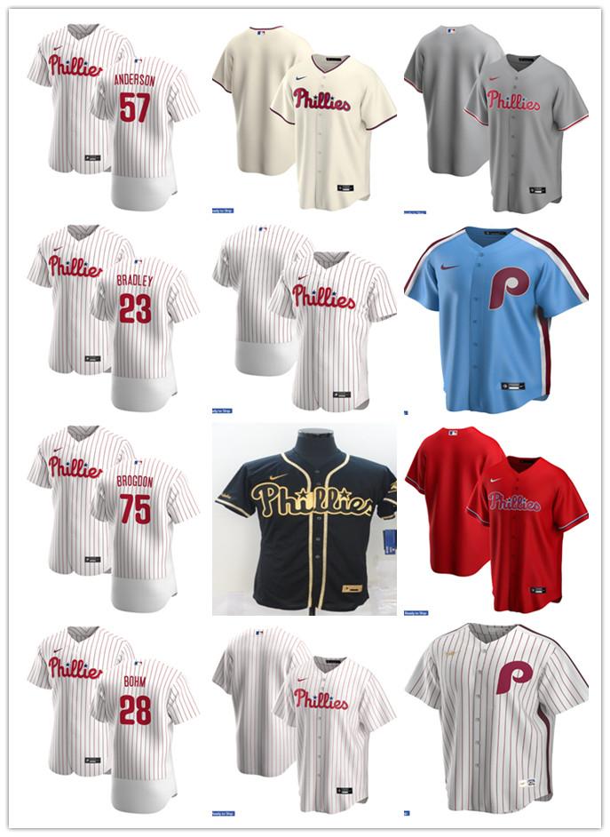 

Men Women Youth Philadelphia Phillies 57 Chase Anderson 28 Alec Bohm 23 Archie Bradley 75 Connor Brogdon Baseball Jersey Custom, Blue;black