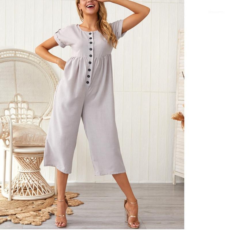 

Women' Jumpsuits & Rompers Women 2021 Cotton Solid Color Round Neck Button Jumpsuit Short Sleeve Loose Casual Overalls For Combinaison Femm, Blue
