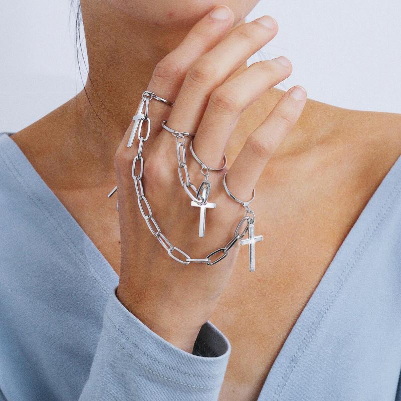 Cluster Rings Retro Punk Hip-Hop Cross Ring Hand Finger Chain Adjustable Silver Color Plated Jewelry Gift For Men Women Unisex-image-711040557
