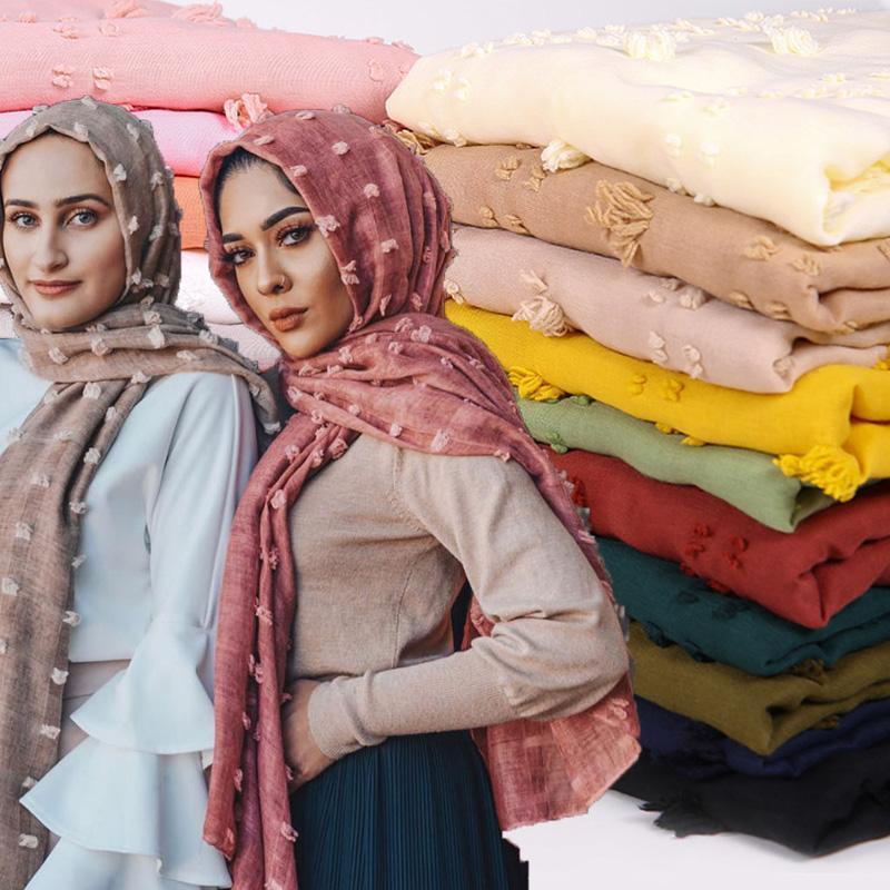 

Scarves Pom COTTON Hijab Scarf Plain Soft Ball Shawls Muslim Headscarf Solid Color Wraps Turbans Headband 22 Color1