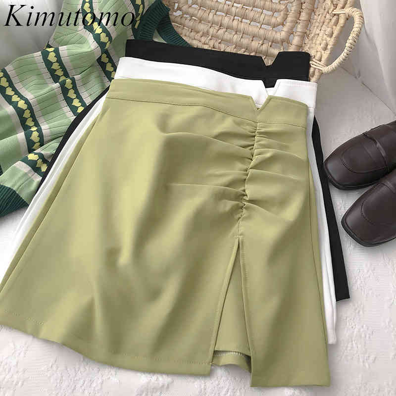 

Kimutomo Solid Color Split Skirts Women Summer Korean All Matching Clothes Female High Waist Folds A-line Mini Skirt Casual 210521, Black