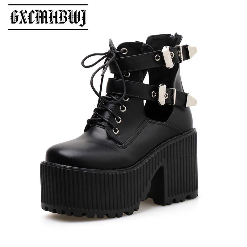 

Women's Blcok Heels Ankle Boots Punk Buckle Strap Rubber Sole Round Toe Ladies Platform Shoes Black Motorcycle Botas