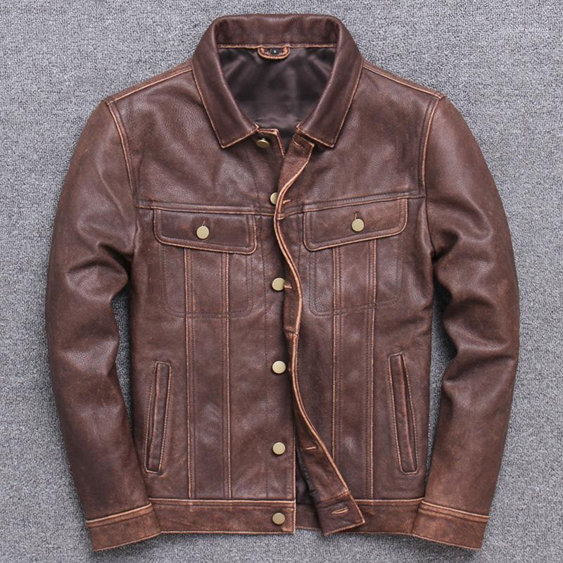 

Men' Leather & Faux 2021 Mens Cowhide Jacket Lapel Casual Coat Short Genuine Denim Style Motorcycle, Retro brown