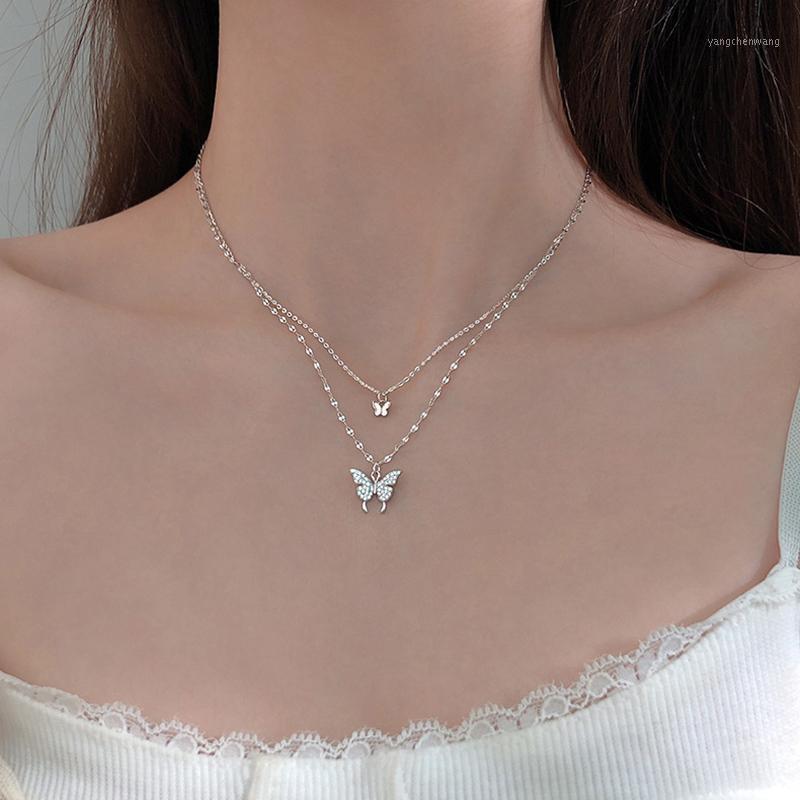 

Chains HKMMH 925 Sterling Silver Double Layer Butterfly Zircon Necklace 2021 Female Light Luxury Birthday Gift Elegant Jewelry