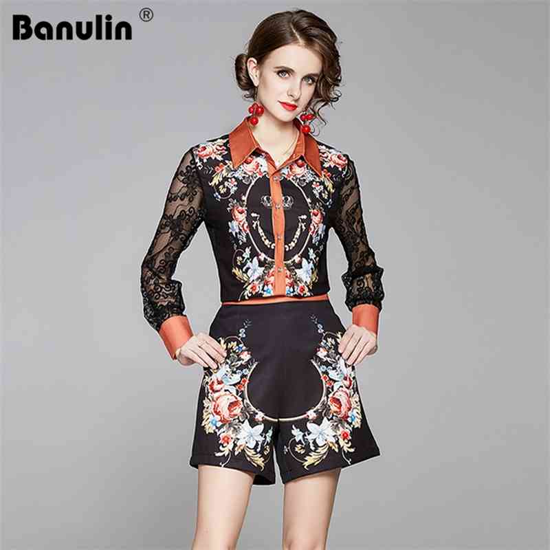 

Autumn Runway Short Two Piece Sets for Women Long Lace Sleeve Vintage Print Tops + Wide Leg Womens Outfits 210603, Black