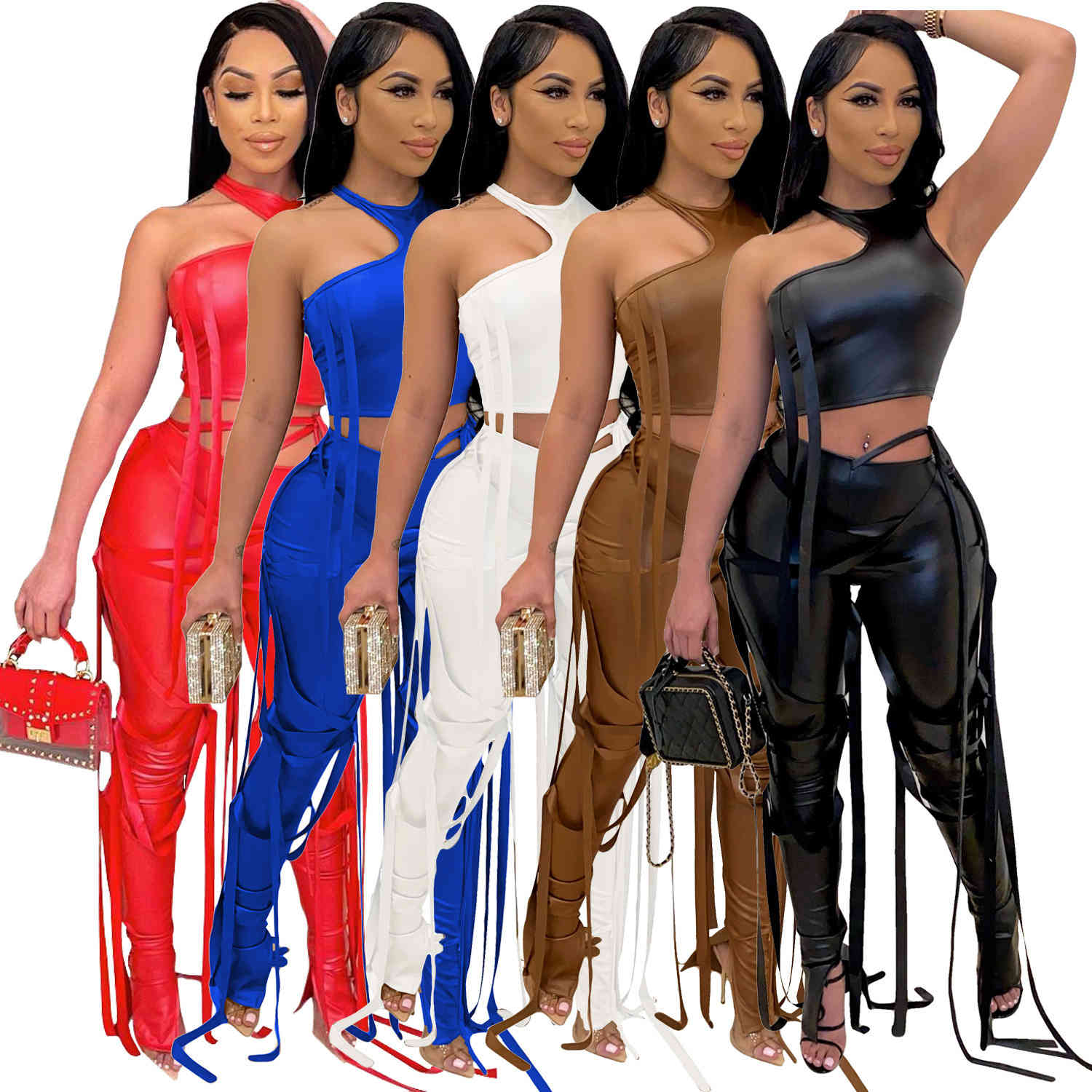 

Womens 2 Piece Set Rock Style Tracksuits Bandage Suit Sexy Halter Hollow Out Crop Tops PU Leather Pants Nightclub clothes, Brown