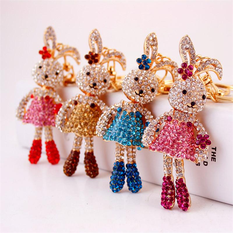 

Keychains Crystal Long Ear Flower Key Chains Holder For Car Women Keyrings Purse Bag Pendant Llaveros