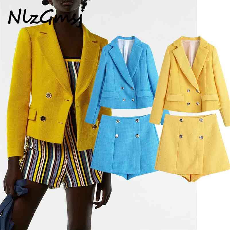 

Suit Women Fashion Plaid Texture Tweed Casual Blazer+Shorts Sets Vintage Double Breasted Woman 2 Pieces Set 04 210628, As picture