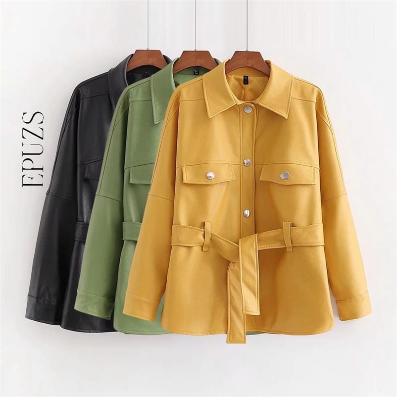

Winter black yellow Faux leather jacket women sashes PU biker Motorcycle Coat oversize Female fur  fall 210521, Green