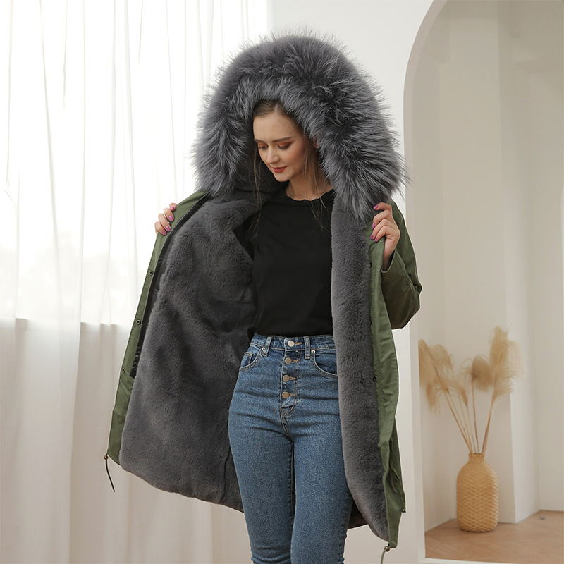 

Cold parkas dark grey raccoon trim collar meifeng brand rex rabbit fur lining long army green canvas jackets ykk zipper women snow coats, Dark grey fur