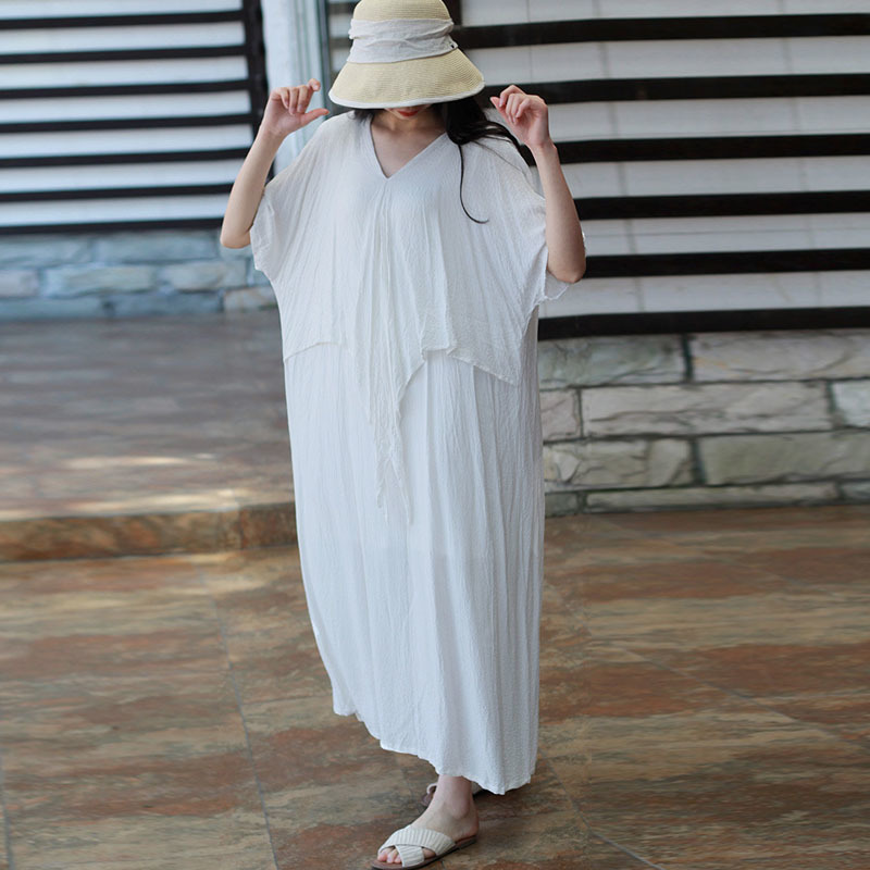 

Johnature Summer Cotton Linen Solid Color V-neck Half Sleeve Jacquard Dresses Loose Comfortable Women Fashion Dress 210521, White