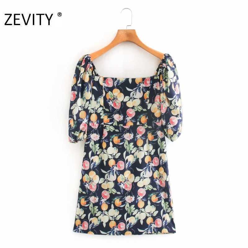 

ZEVITY women vintage square collar print slim dress chic female puff sleeve back elastic zipper vestido party dresses DS4325 210603, As pic ds4325ww