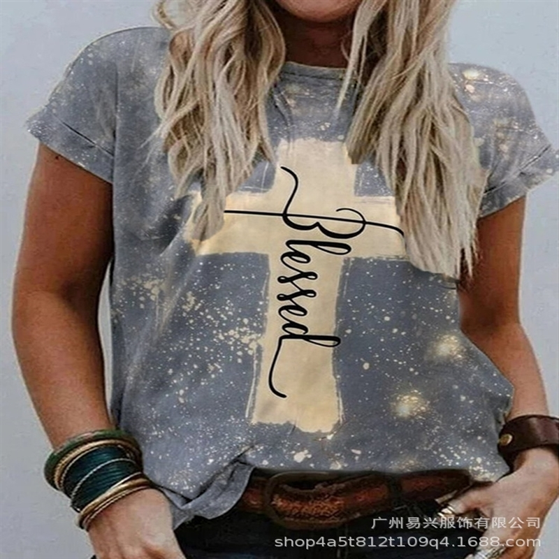 

6vz 2021 spring loose round coat neck short sleeve cross print 2021 women's spring loose round coat t-shirt women's t-shirt neck s, White