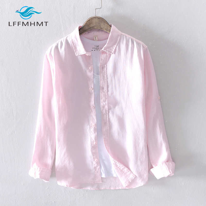 

Men Spring And Autumn Fashion Brand Japan Style Vintage Solid Color 100% Linen Long Sleeve Shirt Male Casual Slim Fit Shirts 210628, White