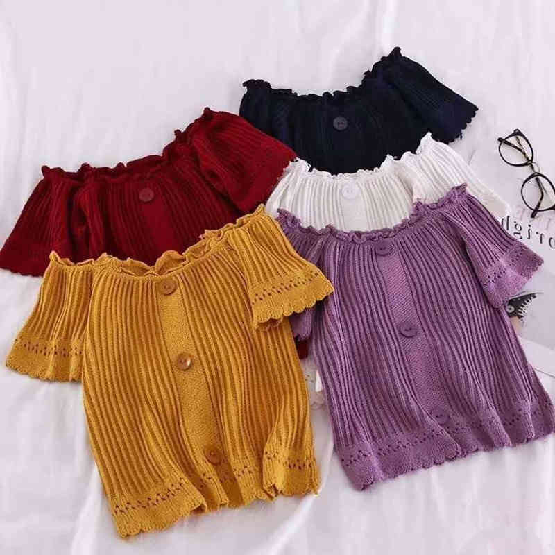 

Buttoned Up T-shirts Women Crop Tops Ladies Square Collar Off Shoulder Short SleeveT-shirts Spring 210518, Wine