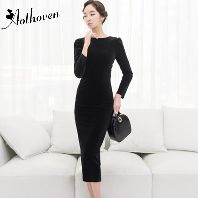 

Casual Dresses Spring Velvet Both Side Wear Black Purple Full Sleeve Women Dress Office Ladies Sexy Party Bodycon Bandage Pencil