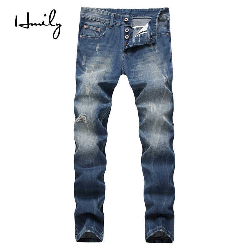 

HMILY Fashion Classical Men Jeans Slim Fit Cotton Destroyed Ripped Jeans For Men Streetwear Hip Hop Pants Jeans Homme X0621, Blue